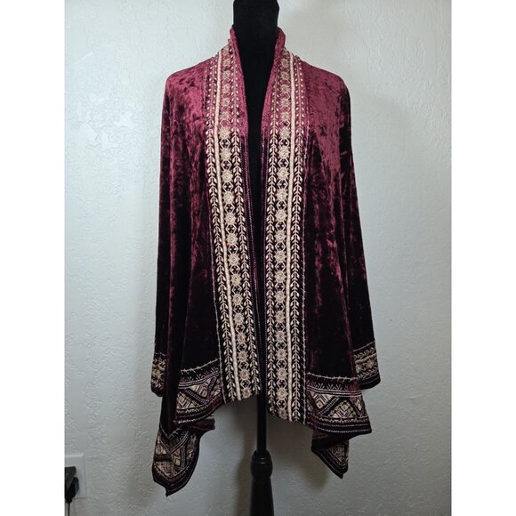 Andree by Unit Burgundy Crushed Velvet Embroidered Open Kimono Cardigan Small - Picture 1 of 5